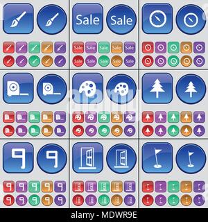 Brush, Sale, Compass, Tape measure, Palette, Fir tree, Nine, Door, Golf hole. A large set of multi-colored buttons. Vector illustration Stock Vector