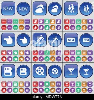 New, Cloud, Silhouette, Hand, Football, New, SIM card, Videotape, Cocktail. A large set of multi-colored buttons. Vector illustration Stock Vector