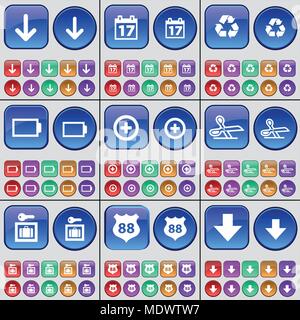 Arrow down, Calendar, Recycling, Battery, Plus, Scissors, Vault, Police badge, Arrow down. A large set of multi-colored buttons. Vector illustration Stock Vector