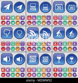 Paper plane, Laptop, Calendar, Dislike, RSS, Flash, Sound, QR-code, Wineglass. A large set of multi-colored buttons. Vector illustration Stock Vector