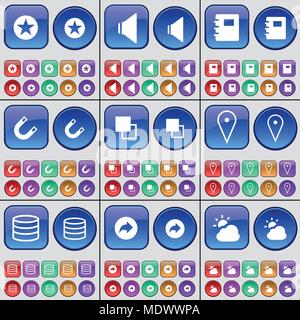Star, Sound, Notebook, Magnet, Copy, Checkpoint, Database, Back, Cloud. A large set of multi-colored buttons. Vector illustration Stock Vector