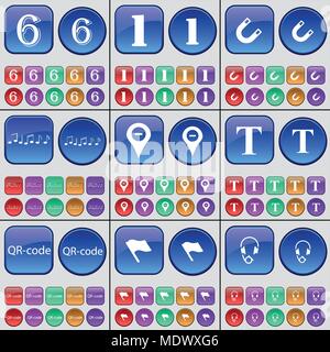 Six, One, Magnet, Note, Checkpoint, Font, QR-code, Flag, Headphones. A large set of multi-colored buttons. Vector illustration Stock Vector