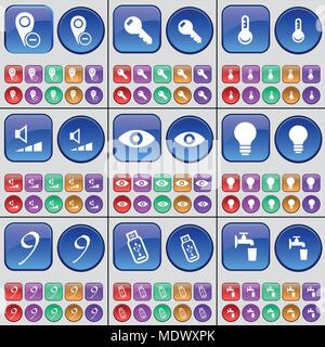 Checkpoint, Key, Thermometer, Volume, Vision, Light bulb, Nine, USB, Tap. A large set of multi-colored buttons. Vector illustration Stock Vector