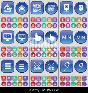 House, QR-code, Speaker, Monitor, Hand, MIN, Apps, Scissors, Nine. A large set of multi-colored buttons. Vector illustration Stock Vector