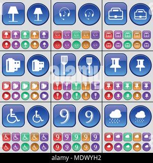 Lamp, Headphones, Suitcase, Negative films, Padle, Pin, Disabled person, Nine, Cloud. A large set of multi-colored buttons. Vector illustration Stock Vector