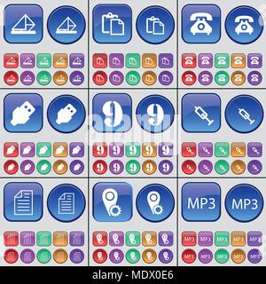 Message, Survey, Phone, USB, Nine, Syringe, Text file, Checkpoint, MP3. A large set of multi-colored buttons. Vector illustration Stock Vector