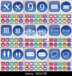 Wrench, Nine, Equalizer, Apps, MP3, 30 minutes, Silhouette, Like, Tag. A large set of multi-colored buttons. Vector illustration Stock Vector