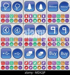 Dislike, Firtree, Webinar, Arrow left, Subscribe, Nine, USB, Gallery, Buy. A large set of multi-colored buttons. Vector illustration Stock Vector