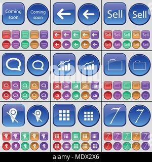 Coming soon, Arrow left, Sell, Chat bubble, Diagram, Folder, Checkpoint, Apps, Seven. A large set of multi-colored buttons. Vector illustration Stock Vector