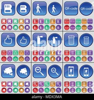 SIM card, Blind, QR-code, Like, Fire extinguisher, Trash can, CCTV, Magnifying glass, Smartphone. A large set of multi-colored buttons. Vector illustr Stock Vector