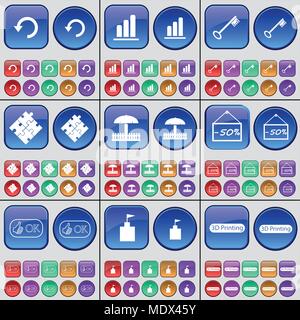Reload, Diagram, Key, Puzzle, Umbrella, Discount, Like, Flag tower, 3D Printing. A large set of multi-colored buttons. Vector illustration Stock Vector