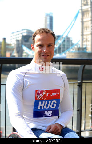 Marcel Hug (SUI) at a Virgin Money London Marathon pre-race photocall of elite disabled athletes, Tower Hotel, London, UK.  Hug is the most successful male wheelchair marathon athlete of modern times. He is the reigning Paralympic and World Marathon Majors champion, and a two-time London Marathon winner. He won every WMM race in 2016 but was narrowly beaten by Japan’s Sho Watanabe in Tokyo last February. He bounced back in Boston last April, when he clocked the fastest time in history, and was just beaten by Weir in London six days later.   The marathon, due to take place on Sunday 22 April is Stock Photo