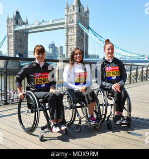 Elite female wheelchair athletes at a Virgin Money London Marathon pre-race photocall, Tower Hotel, London, UK.  L to R: Manuela Schär (SUI), Jade Jones (GBR), Tatyana McFadden (USA).  The marathon, due to take place on Sunday 22 April is part of the World Marathon Majors and also the World Para Athletics Marathon World Cup.  The event has raised over £450 million for charity since it’s inception and holds the Guinness world record as the largest annual fund raising event in the world, with the 2009 participants raising over £47.2 million for charity. Stock Photo