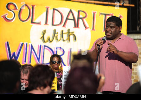 London, UK. 20th April, 2018. Gary Younge (British journalist, author and broadcaster) speaking at a Windrush Generation Solidarity demonstration, London, United Kingdom.  The demonstration was called in response to the Home Office's incompetence and  bureaucratic brutality towards the Windrush generation.  The Windrush generation refers to the workers from Jamaica, Trinidad and Tobago and other islands who arrived in London between 1948 and 1971 as a response to post-war labour shortages in the UK. Credit: Michael Preston/Alamy Live News