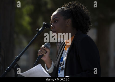 Phoenix, Arizona, USA. 20th Apr, 2018. TAYLOR GILLIAM speaks at a demonstration against gun violence on Friday, April 20, 2018, at the state capitol in Phoenix, Arizona. The protest, one of many nationwide, was scheduled to coincide with the 19th anniversary of the 1999 school shooting at Columbine High School in Colorado. Credit: Ben Moffat/via ZUMA Wire/ZUMA Wire/Alamy Live News Stock Photo