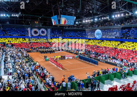 Sala Polivalenta, Romania. 21st April 2018.  The opening ceremony of the FED Cup by BNP 2018 game between Romania and Switzerland at Sala Polivalenta, Cluj-Napoca,  Romania ROU. Copyright: Cronos/Catalin Soare Credit: Cronos/Alamy Live News Credit: Cronos/Alamy Live News Stock Photo