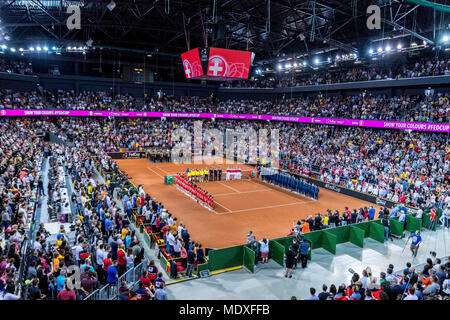 Sala Polivalenta, Romania. 21st April 2018.  The opening ceremony of the FED Cup by BNP 2018 game between Romania and Switzerland at Sala Polivalenta, Cluj-Napoca,  Romania ROU. Copyright: Cronos/Catalin Soare Credit: Cronos/Alamy Live News Credit: Cronos/Alamy Live News Stock Photo