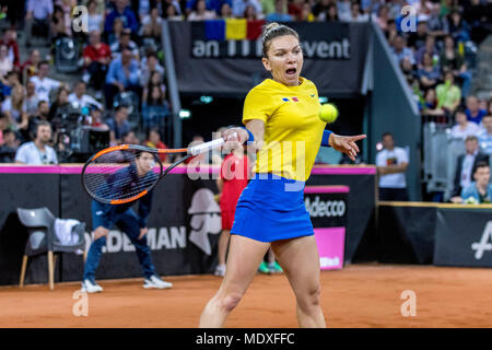 Sala Polivalenta, Romania. 21st April 2018.  Simona Halep (ROU)   during the FED Cup by BNP 2018 game between Romania and Switzerland at Sala Polivalenta, Cluj-Napoca,  Romania ROU. Copyright: Cronos/Catalin Soare Credit: Cronos/Alamy Live News Credit: Cronos/Alamy Live News Stock Photo