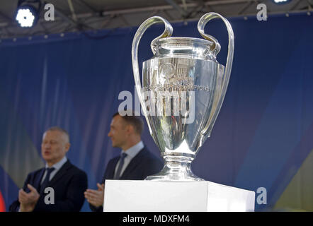 Kiev, Ukraine. 21st Apr, 2018. The UEFA Champions League trophy is seen during a handover ceremony in downtown Kiev, Ukraine, on 21 April 2018. Kiev will host the UEFA Champions League Final matches on 24 and 26 May 2018. Credit: Serg Glovny/ZUMA Wire/Alamy Live News Stock Photo