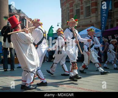 Morris dancing and festivities at the St. George's Day celebrations in Orton Square in Leicester city's Cultural Quarter. Stock Photo