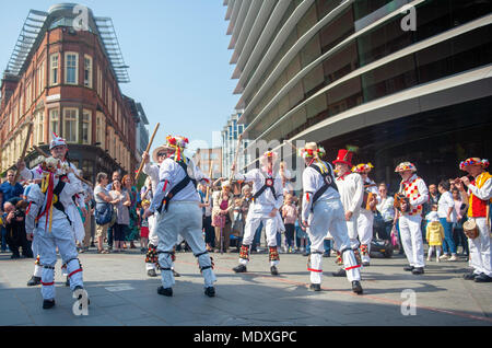 Morris dancing and festivities at the St. George's Day celebrations in Orton Square in Leicester city's Cultural Quarter. Stock Photo