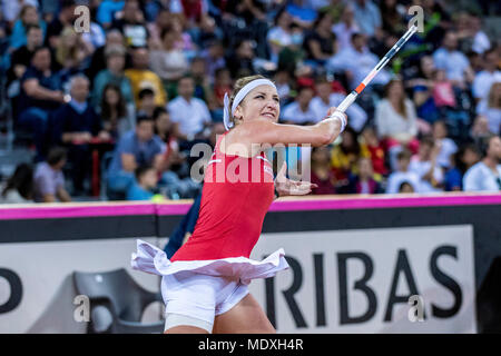 Sala Polivalenta, Romania. 21st April 2018.  Timea Bacsinszky (SUI)   during the FED Cup by BNP 2018 game between Romania and Switzerland at Sala Polivalenta, Cluj-Napoca,  Romania ROU. Copyright: Cronos/Catalin Soare Credit: Cronos/Alamy Live News Credit: Cronos/Alamy Live News Stock Photo