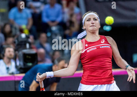 Sala Polivalenta, Romania. 21st April 2018. Timea Bacsinszky (SUI)   during the FED Cup by BNP 2018 game between Romania and Switzerland at Sala Polivalenta, Cluj-Napoca,  Romania ROU. Copyright: Cronos/Catalin Soare Credit: Cronos/Alamy Live News Credit: Cronos/Alamy Live News Stock Photo