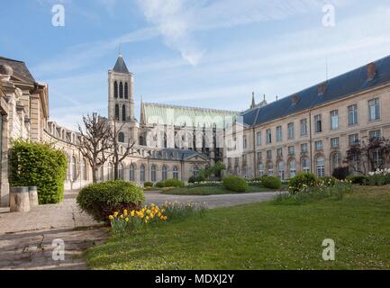 France, Saint Denis, house of the Legion of Honour, court of honour, basilica in the background, Stock Photo