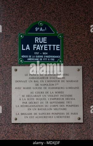Paris, 9th arrondissement, rue La Fayette, street sign, sign in honor of the firefighters corps created by Napoleon I Stock Photo