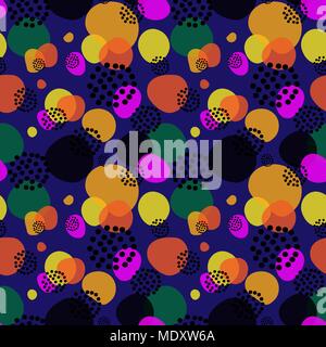 Seamless repeating pattern of multi-colored shapes and dots Stock Vector