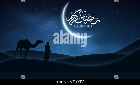 Background for Ramadan Kareem. Night landscape. Arabic calligraphy. Muslim Religion Holy Month. Arab stands with a camel in the desert. The starry sky Stock Vector