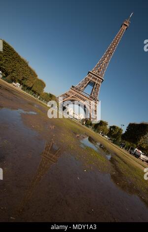 Paris, champ de mars, Eiffel Tower, water, reflection in a puddle Stock Photo