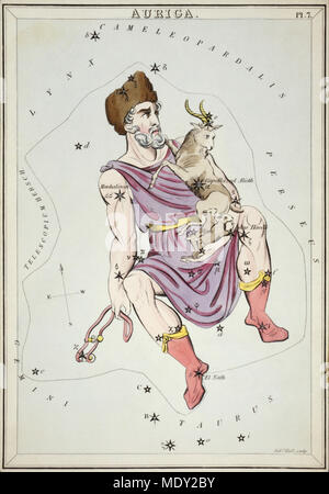 Auriga. Card Number 7 from Urania's Mirror, or A View of the Heavens, one of a set of 32 astronomical star chart cards engraved by Sidney Hall and publshed 1824. Stock Photo