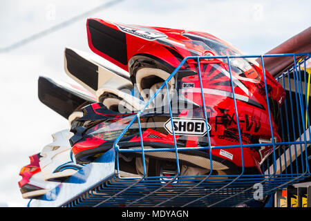 Samara, Russia - May 13, 2017: The motorcycle helmet rests on the quad bike Stock Photo