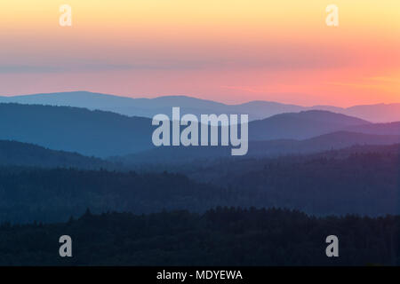 View from Lusen mountain over the Bavarian Forest at sunset at Waldhauser in the Bavarian Forest National Park, Bavaria, Germany Stock Photo