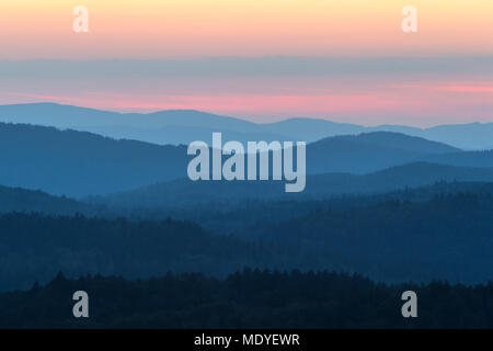 View from Lusen mountain over the Bavarian Forest at sunset at Waldhauser in the Bavarian Forest National Park, Bavaria, Germany Stock Photo