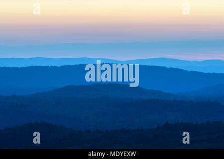 View from Lusen mountain over the Bavarian Forest at sunrise at Waldhauser in Bavarian Forest National Park, Bavaria, Germany Stock Photo