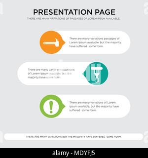 exclamation, crane, hammer presentation design template in orange, green, yellow colors with horizontal and rounded shapes Stock Vector