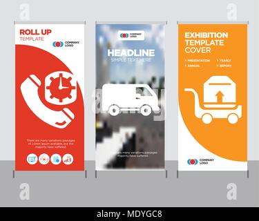 Package transportation on a trolley modern business roll up banner design template, Black delivery small truck side view creative poster stand or broc Stock Vector