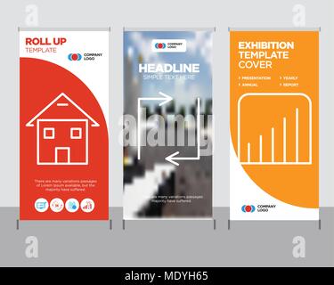 Coverage level modern business roll up banner design template, Update arrows creative poster stand or brochure concept, Homepage cover publication Stock Vector