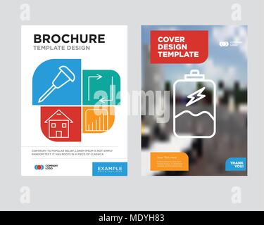 Battery charging brochure flyer design template with abstract photo background, Coverage level, Update arrows, Homepage, Pushpin minimalist trend busi Stock Vector