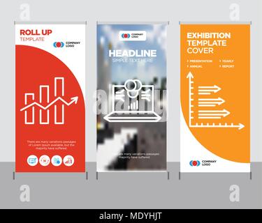 Analytics modern business roll up banner design template, Laptop data analytics on screen with circles creative poster stand or brochure concept, Decr Stock Vector