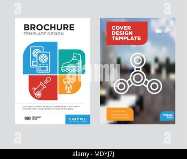 Drone brochure flyer design template with abstract photo background, Popcorn, Rollers, Cannon, Loudspeaker minimalist trend business corporate roll up Stock Vector