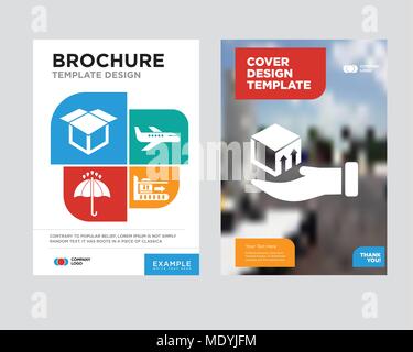 Delivery box on a hand brochure flyer design template with abstract photo background, Package on rolling transport, Air transport, 24 hours, Delivery  Stock Vector