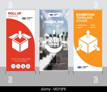 Delivery cube box package with four arrows in different directions modern business roll up banner design template, 24 hours delivery creative poster s Stock Vector