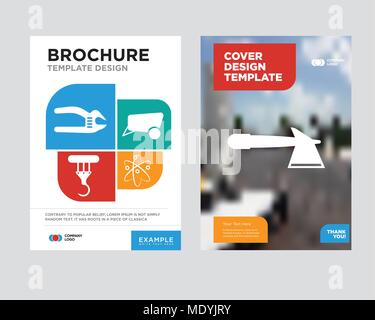 hatchet brochure flyer design template with abstract photo background, Chemical, dray, crane, adjustable spanner minimalist trend business corporate r Stock Vector