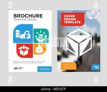 Package cube box for delivery brochure flyer design template with abstract photo background, Delivery cube box package with four arrows in different d Stock Vector