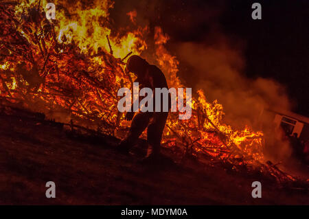 Christmas tree burning in the open air with a fireman in the foreground with a fireman in the foreground Stock Photo