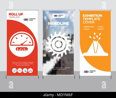 volcano modern business roll up banner design template, saw blade creative poster stand or brochure concept, speedometer cover publication Stock Vector