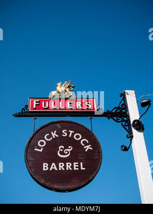 Lock Stock and Barrel Pub Sign, Newbury, Berkshire, England, UK, GB. Stock Photo